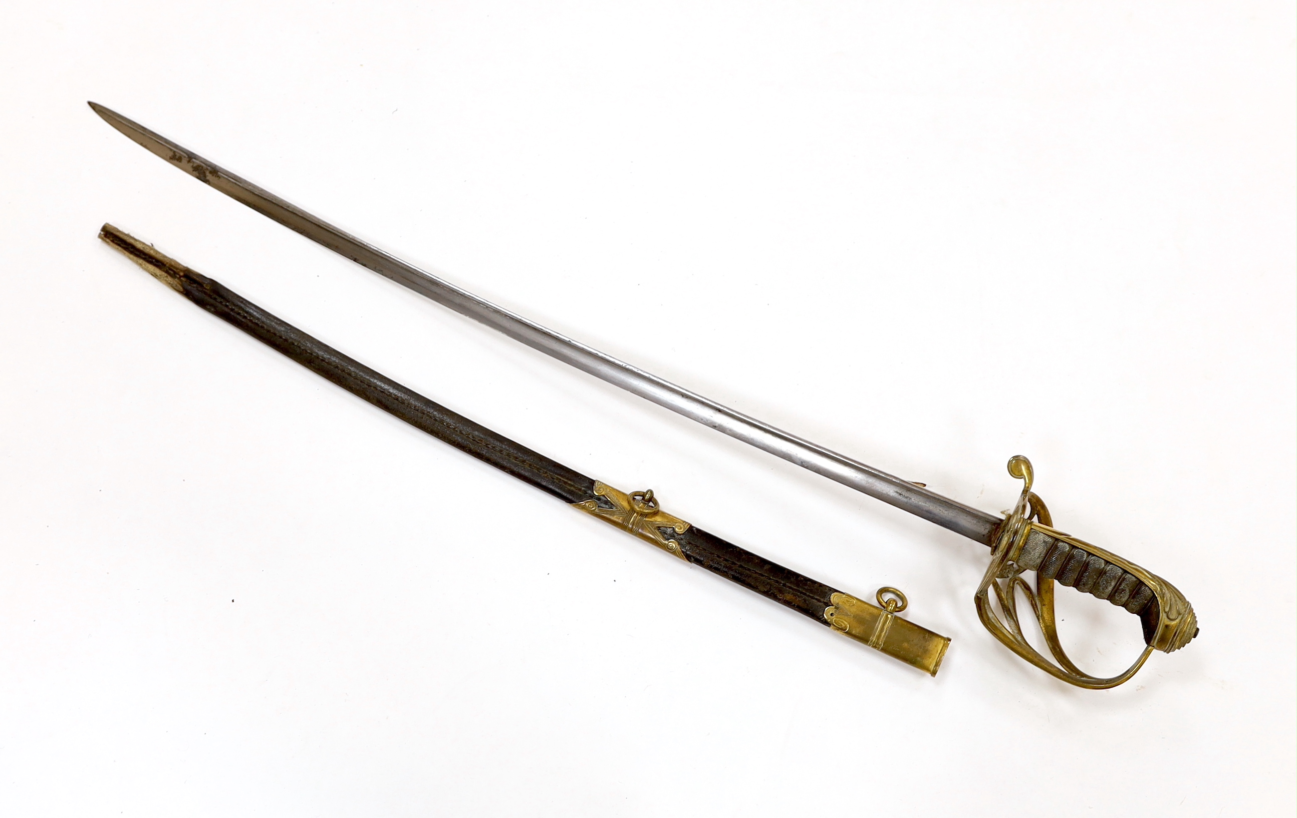 A William IV infantry officer’s sword, in a leather scabbard, blade 72.5cm